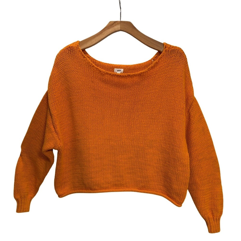 Aerie Off Shoulder Sweater L Orange Open Shaker Knit Boat Neck Cropped Relaxed - Picture 2 of 8